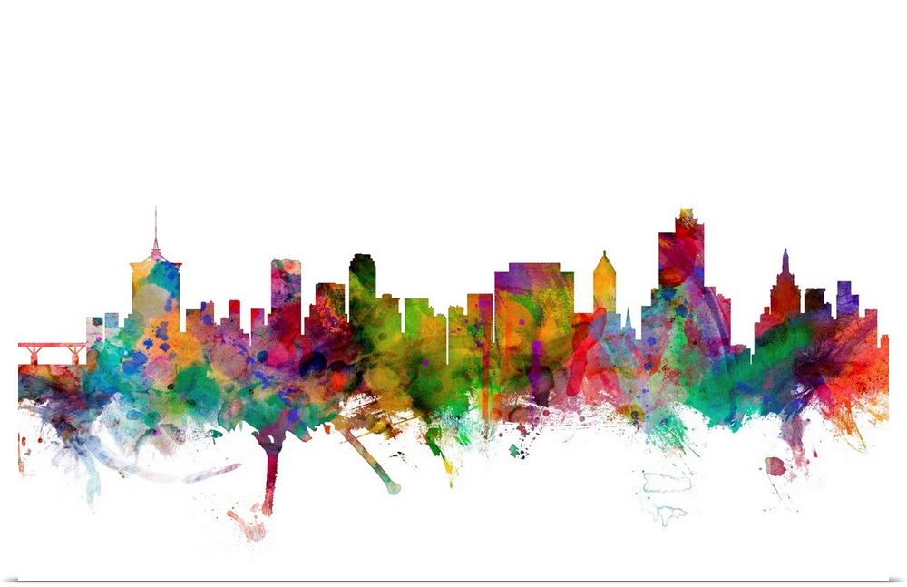 Watercolor artwork of the Tulsa skyline against a white background.