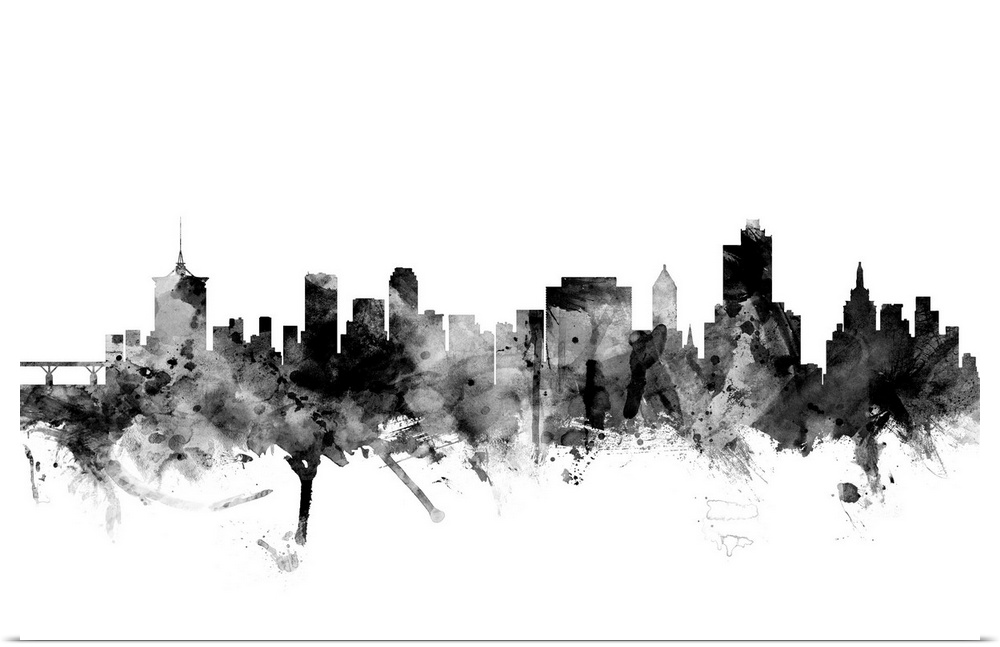Contemporary artwork of the Tulsa city skyline in black watercolor paint splashes.