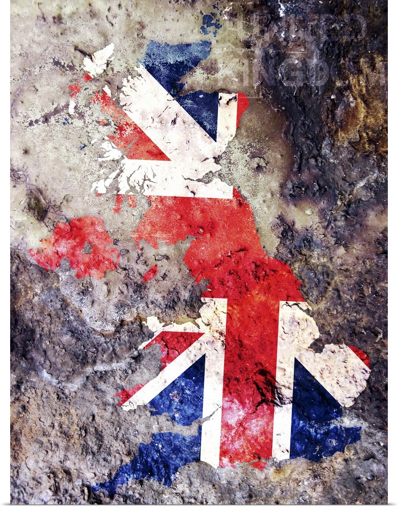 United Kingdom Union Jack Flag in shape of the United Kingdom in a grungy paint style.