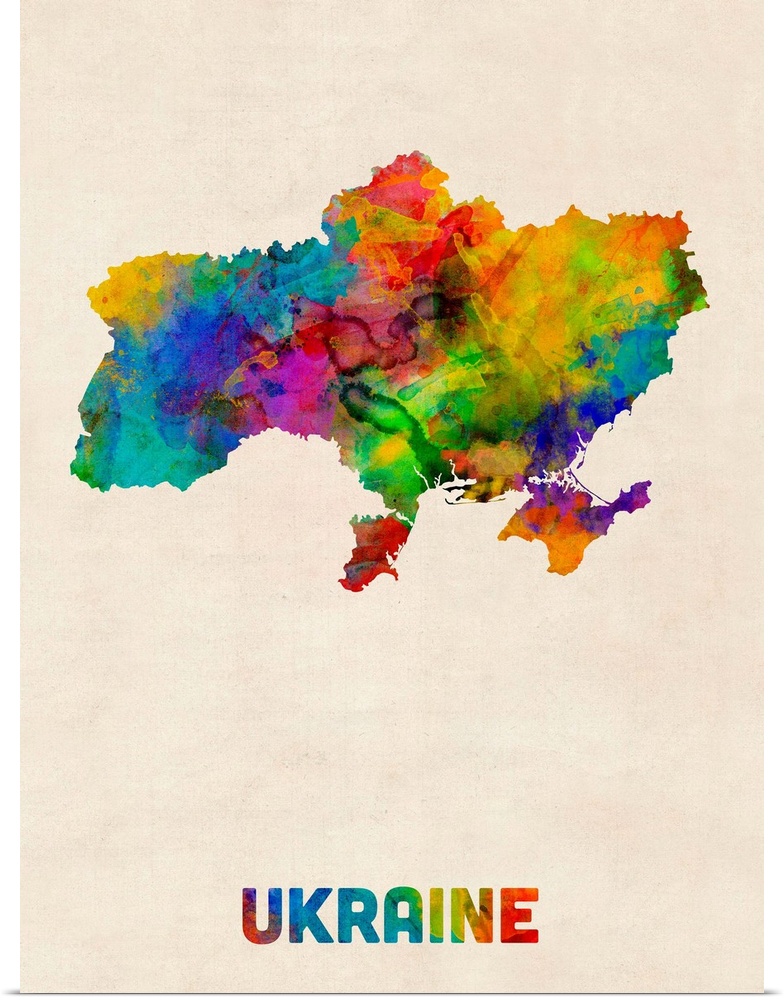 Colorful watercolor art map of Ukraine against a distressed background.