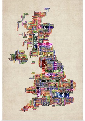 United Kingdom Cities Text Map, Multicolor on Parchment