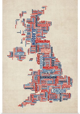 United Kingdom Cities Text Map, UK Colors on Parchment