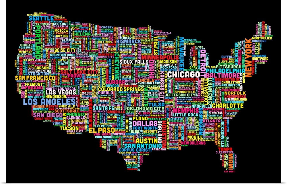 Colorful map of America made of the names of each city that corresponds to its location.