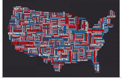 United States Cities Text Map, US Colors on Grey