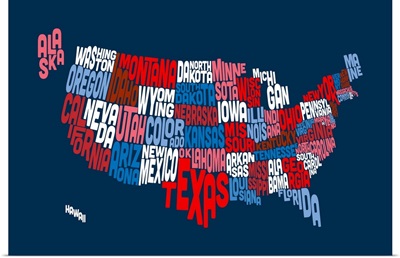 United States Typography Text Map, Red White and Blue