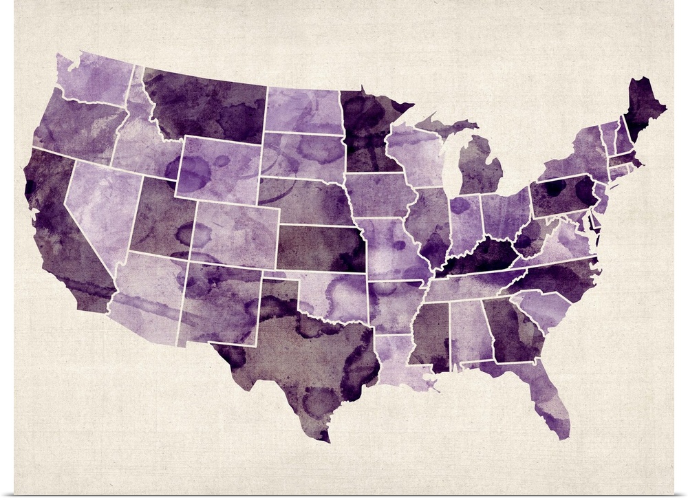 Contemporary artwork of a map of the United States in purple watercolor tones.
