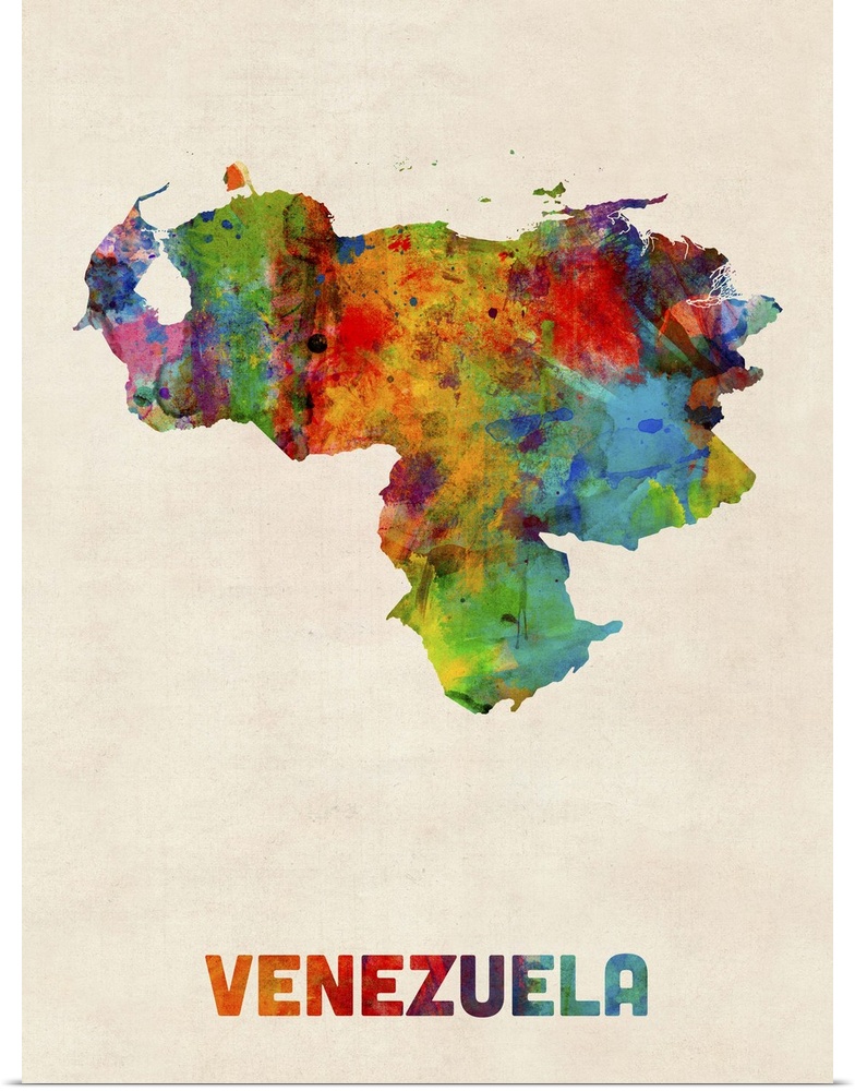 Watercolor art map of the country Venezuela against a weathered beige background.