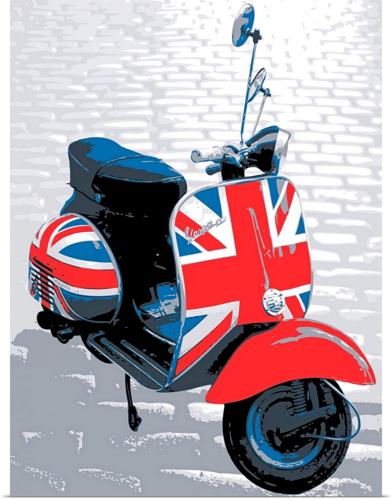 Vespa Scooter on Cobble Street, Mod style design with British flag. Pop Art Print.