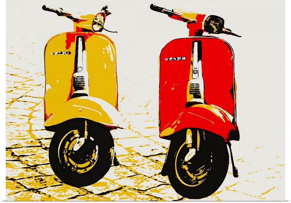 Contemporary artwork of two mopeds on brick paved street.