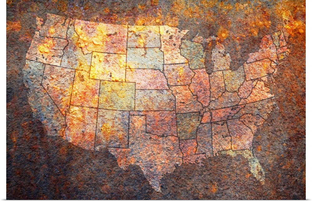 Grungy canvas of a map of the United States of America with the states painted various colors.