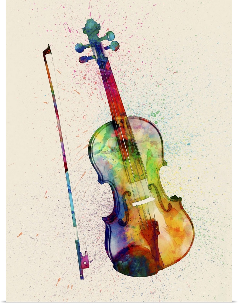 Contemporary artwork of a violin with bright colorful watercolor paint splatter all over it.