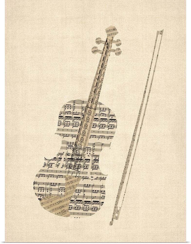 A violin created from a collage of old sheet music on a vintage background