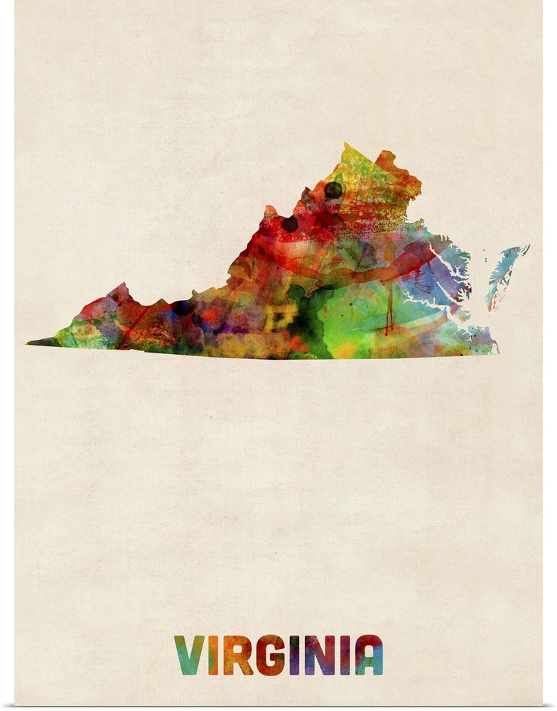 Contemporary piece of artwork of a map of Virginia made up of watercolor splashes.