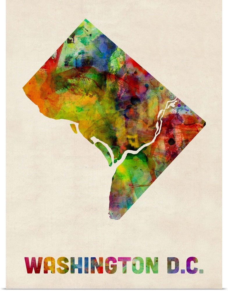 Contemporary piece of artwork of a map of Washington DC made up of watercolor splashes.
