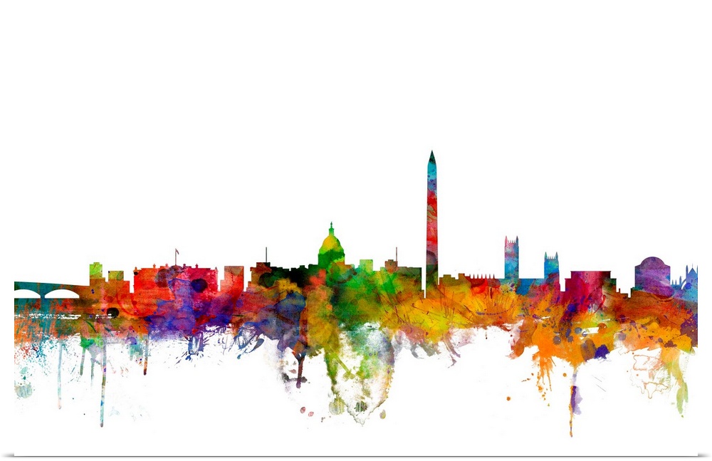 Watercolor artwork of the Washington DC skyline against a white background.