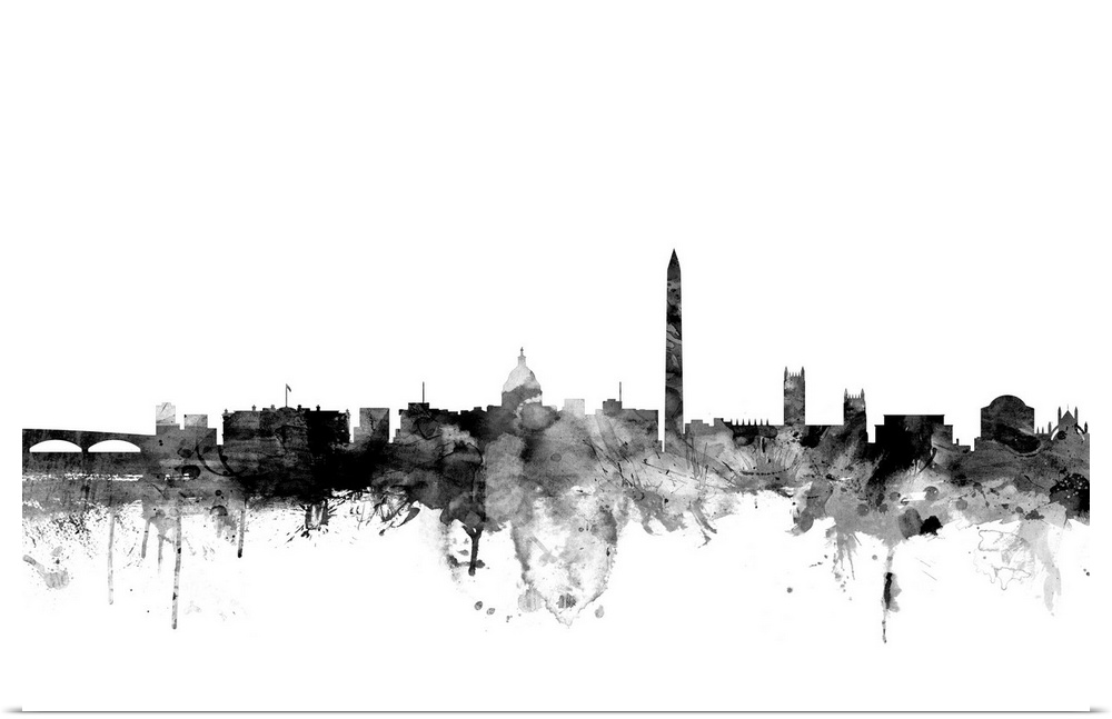 Contemporary artwork of the Washington DC city skyline in black watercolor paint splashes.