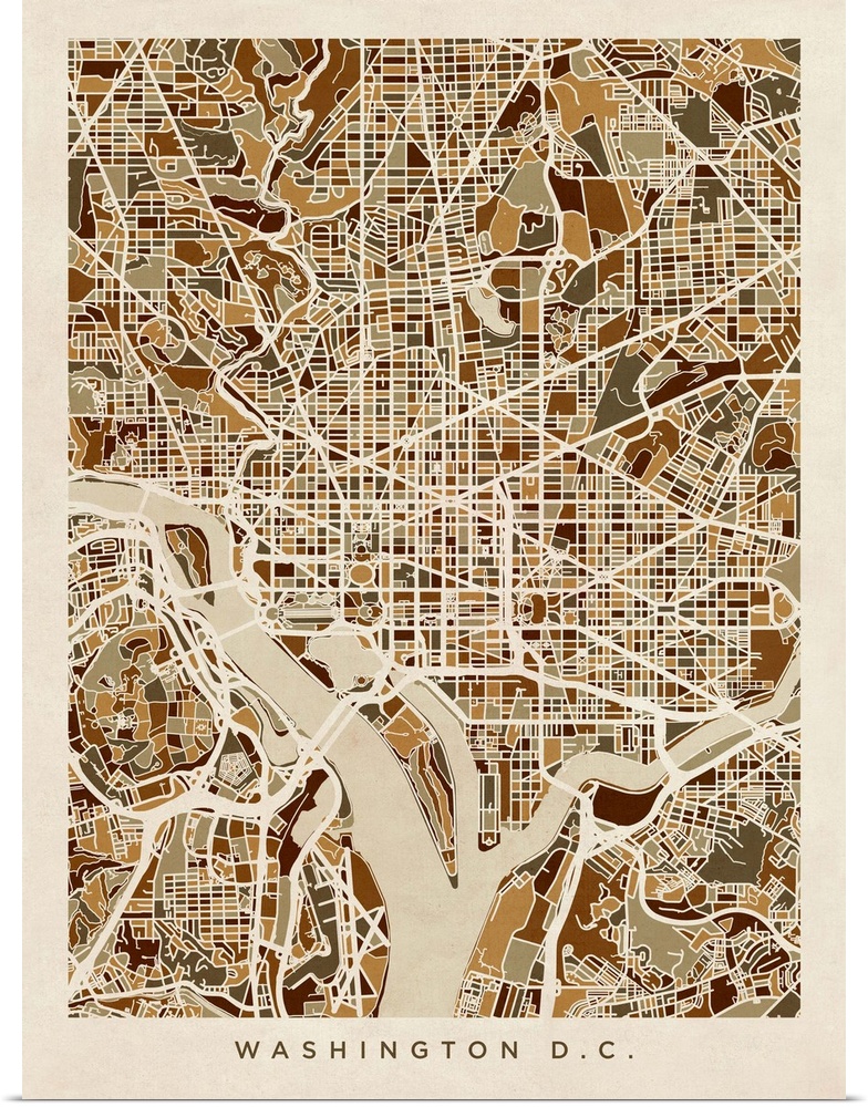 Contemporary watercolor city street map of Washington DC.