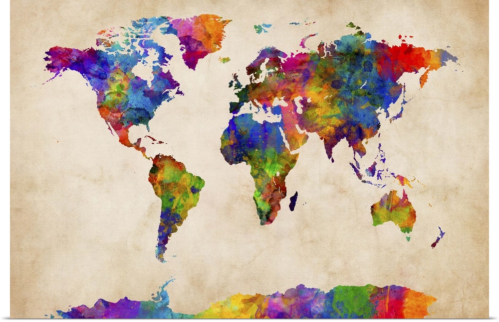 Contemporary colorful paint splash world map artwork.