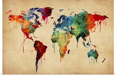 Watercolor Map of the World Map, Multicolor on Beige