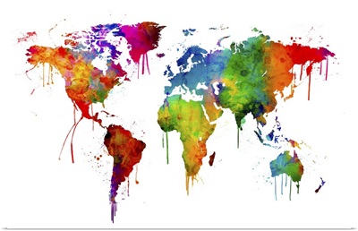Watercolor Map of the World, Multicolor on White