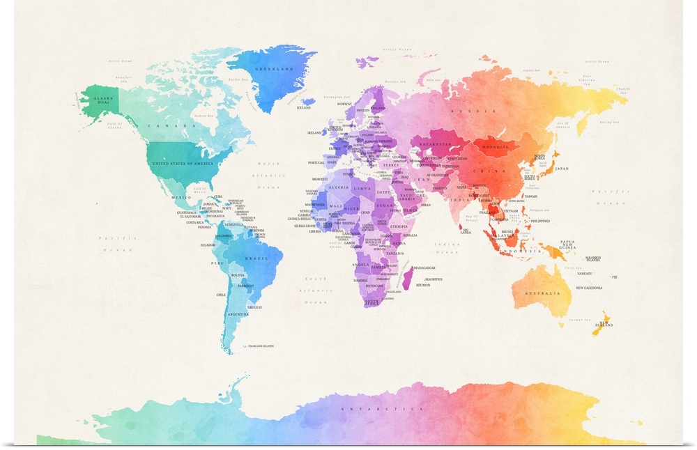 Contemporary watercolor political world map in a spectrum of bright colors.