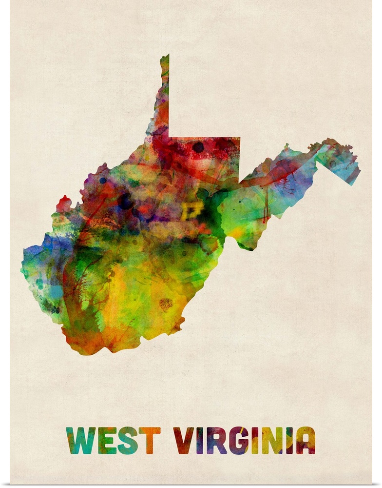 Contemporary piece of artwork of a map of West Virginia made up of watercolor splashes.