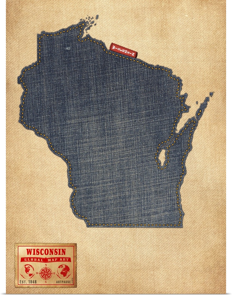 Contemporary artwork of the state of Wisconsin made of denim, against a rustic background.