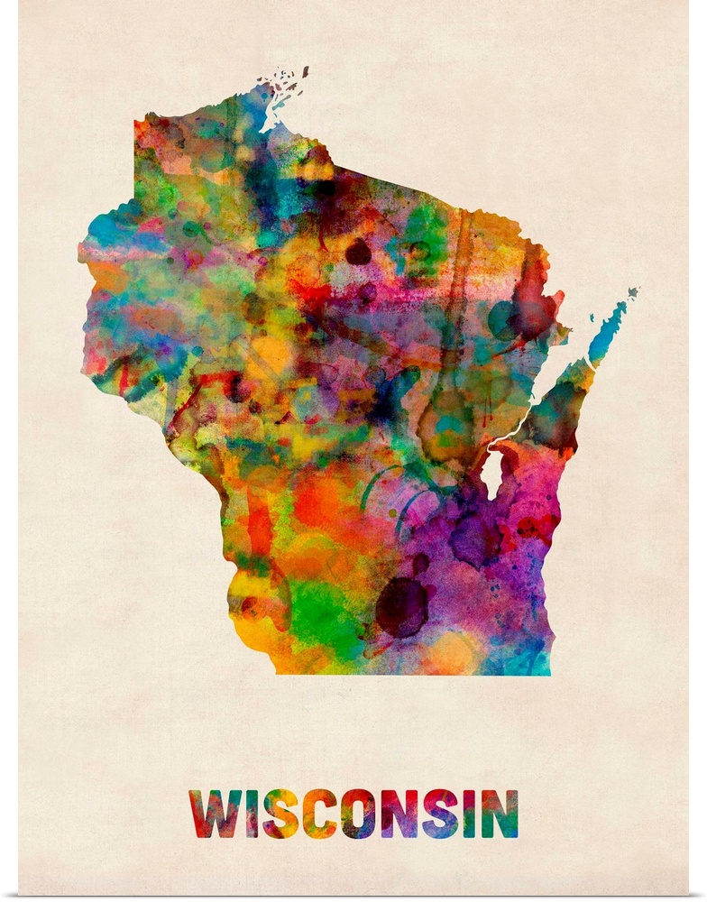Contemporary piece of artwork of a map of Wisconsin made up of watercolor splashes.