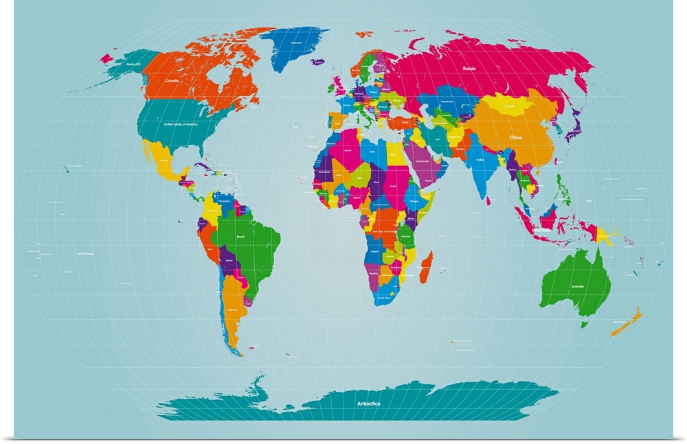 Bright and vibrant colors are used for the countries in this map of the world.