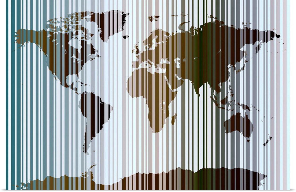 Contemporary piece of a map of the world with different colored vertical stripes running across the print.