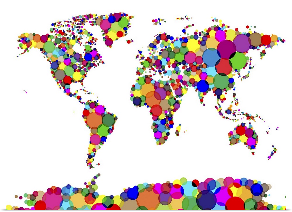 Map of the world made from multicoloured overlapping circles.