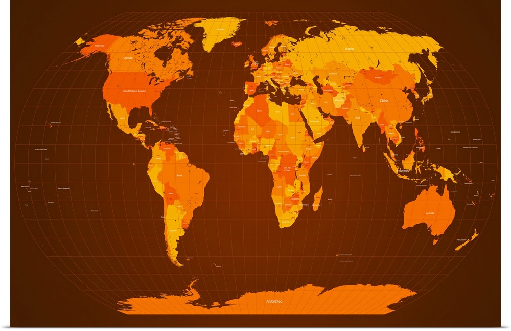 Map of the world, in autumn colors. Each individual country on the world map is shown in a different shade of orange, with...