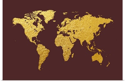 World Map in Gold Foil, Maroon