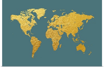 World Map in Gold Foil, Teal