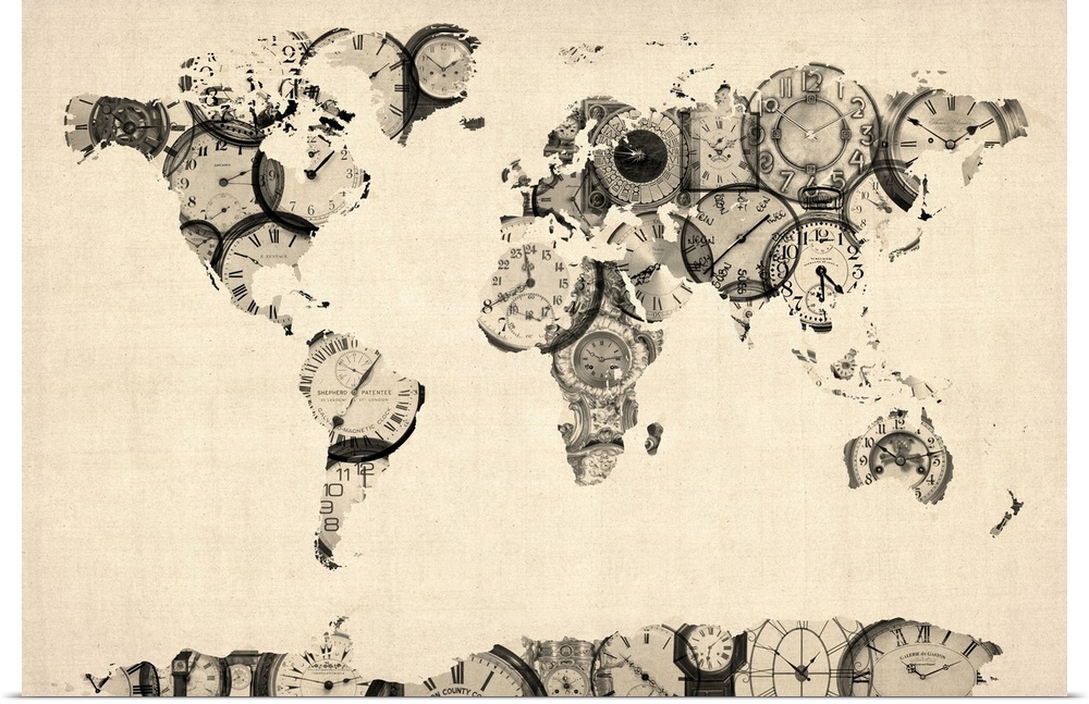 Large map of the world printed on canvas created with a bunch of clock images.