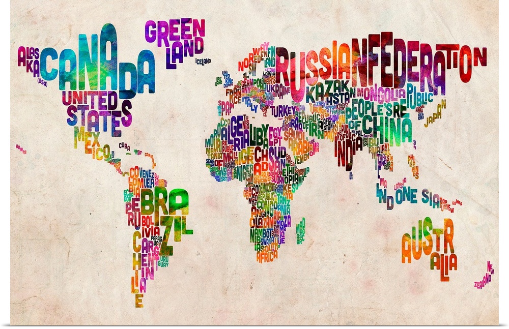 Typographic art work of the names of the countries of the world made up of the letters that spell their names in English.