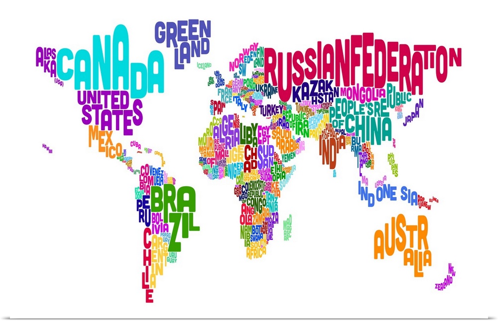 Typographic and geographic wall art for the colorful and minimalist decorator this horizontal poster is a world map where ...