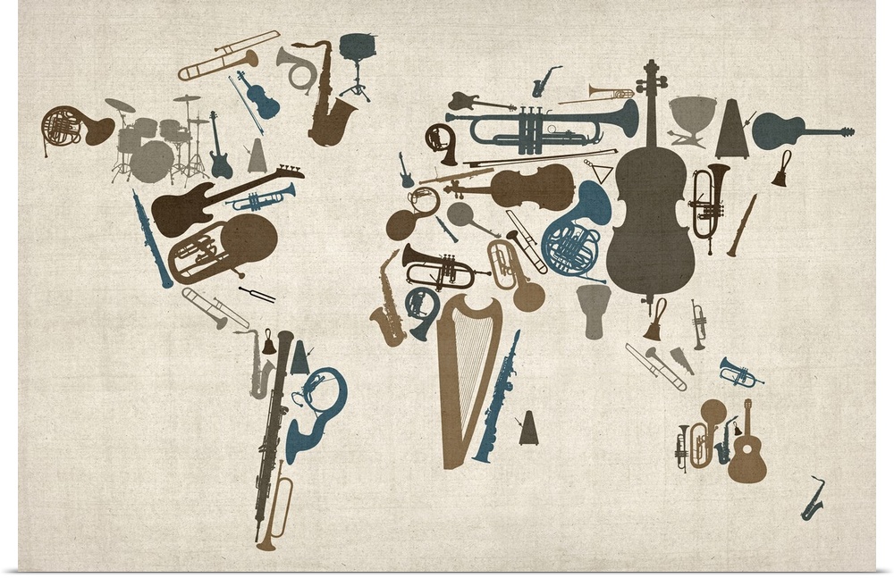 Map of the world with silhouetted instrument shapes as continents.  Instruments used include a guitar, drum set, flute, cl...