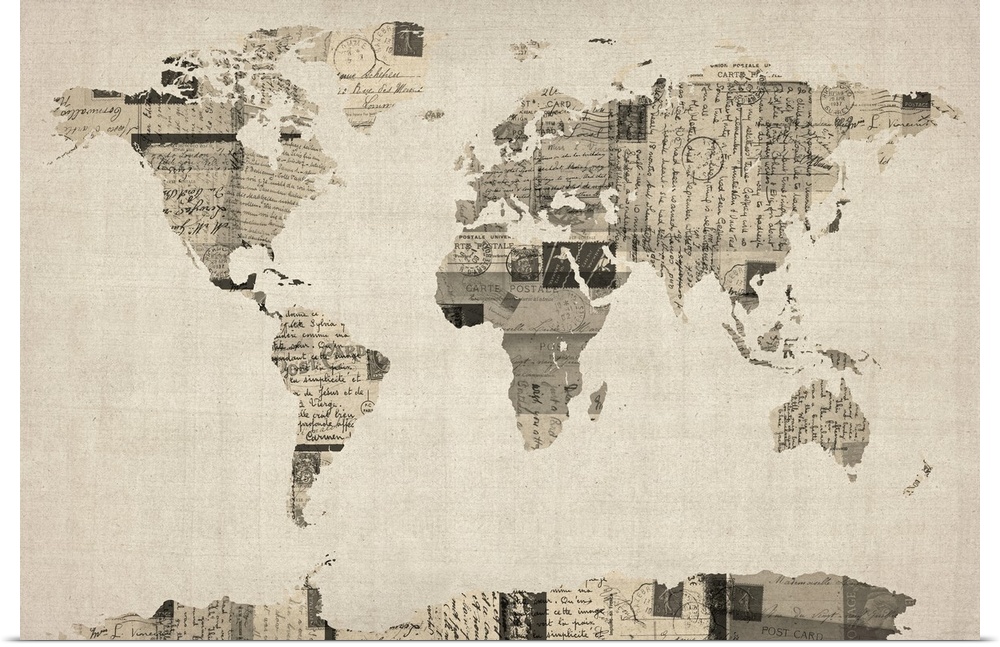 Big monochromatic illustration includes a map of Earth composed of various antique pieces of mail that have been patched t...