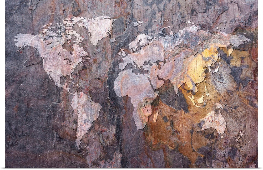 Huge canvas art depicts a map of Earth laid over a roughly textured rock face.