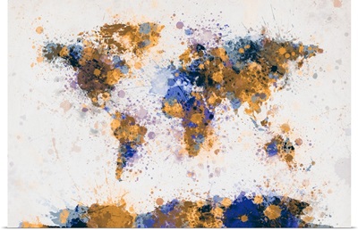 World Map Paint Splashes, Yellow and Blue
