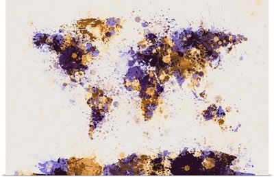 World Map Paint Splashes, Yellow and Purple