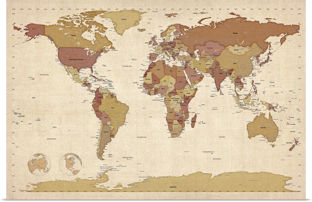Map of the world on canvas on an antiqued background.