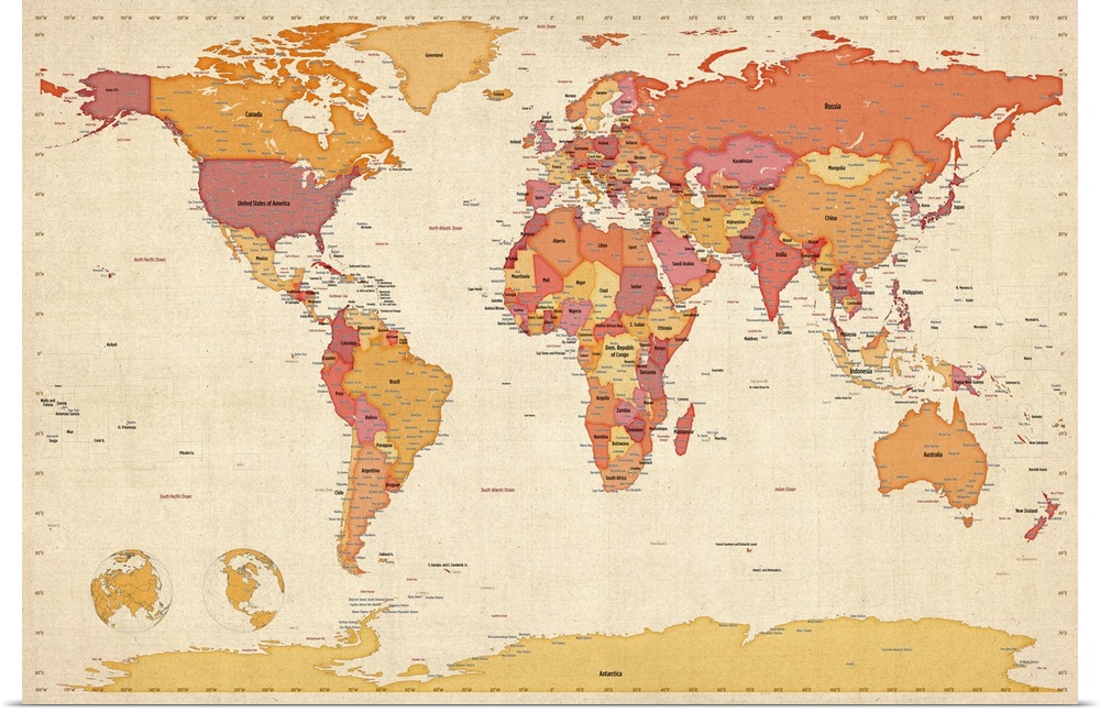 World map labeled with all the countries and oceans in warm color tones.