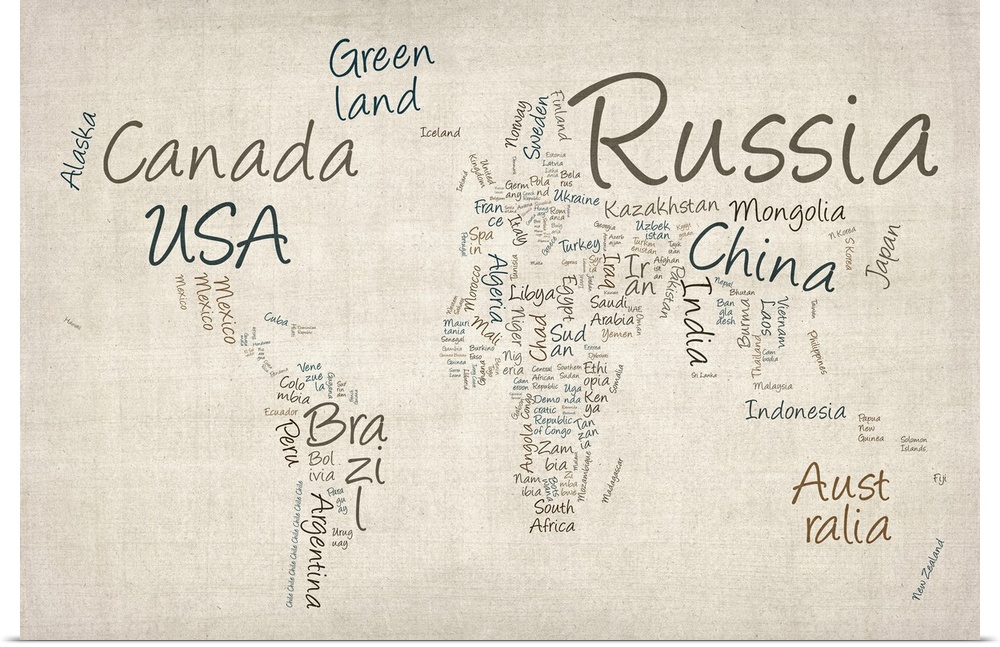 Map of the world with the continent shapes and location made of words.