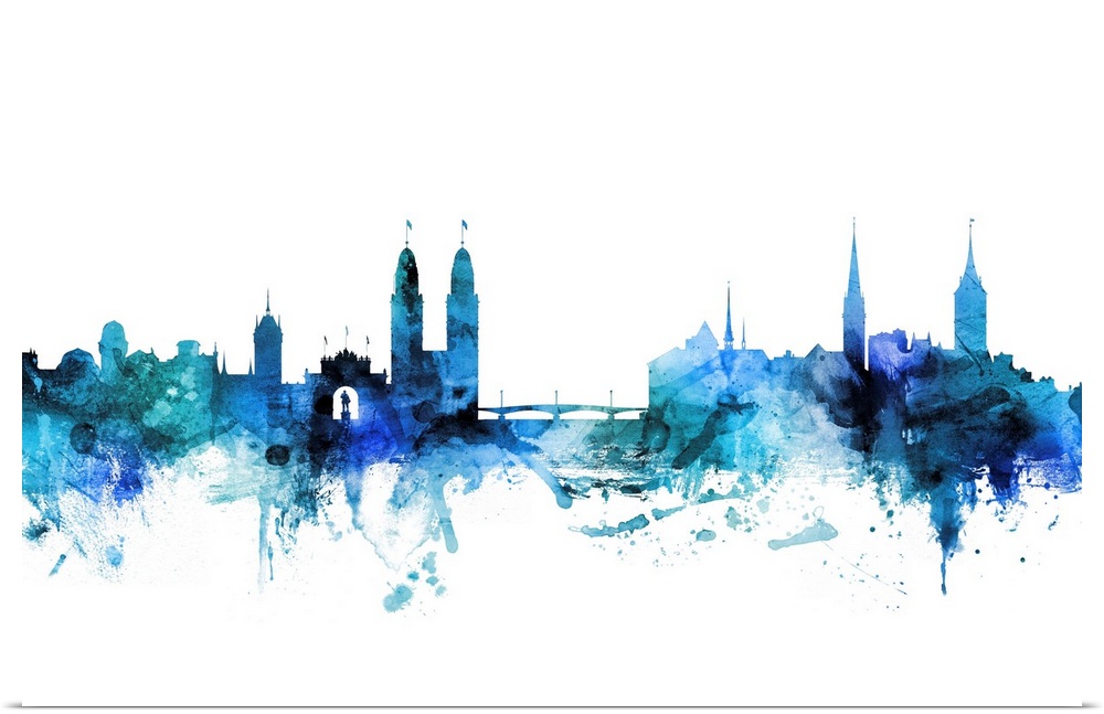 Watercolor art print of the skyline of Zurich, Switzerland in shades of blue.