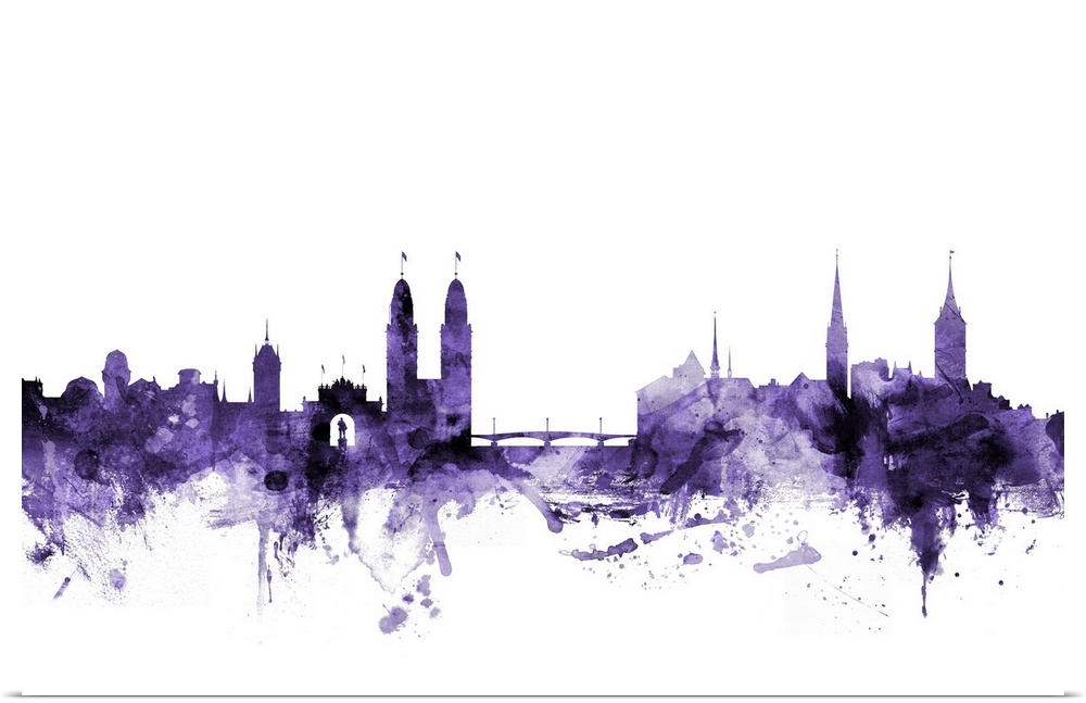 Watercolor art print of the skyline of Zurich, Switzerland in purple.