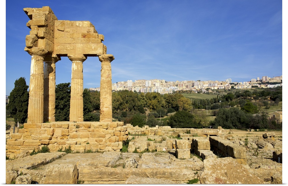 Agrigento Greek ruins, modern city in the background, Sicily, Italy.