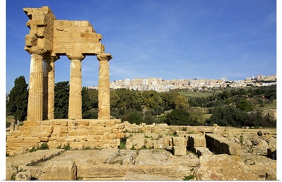 Agrigento Greek ruins, modern city in the background, Sicily, Italy