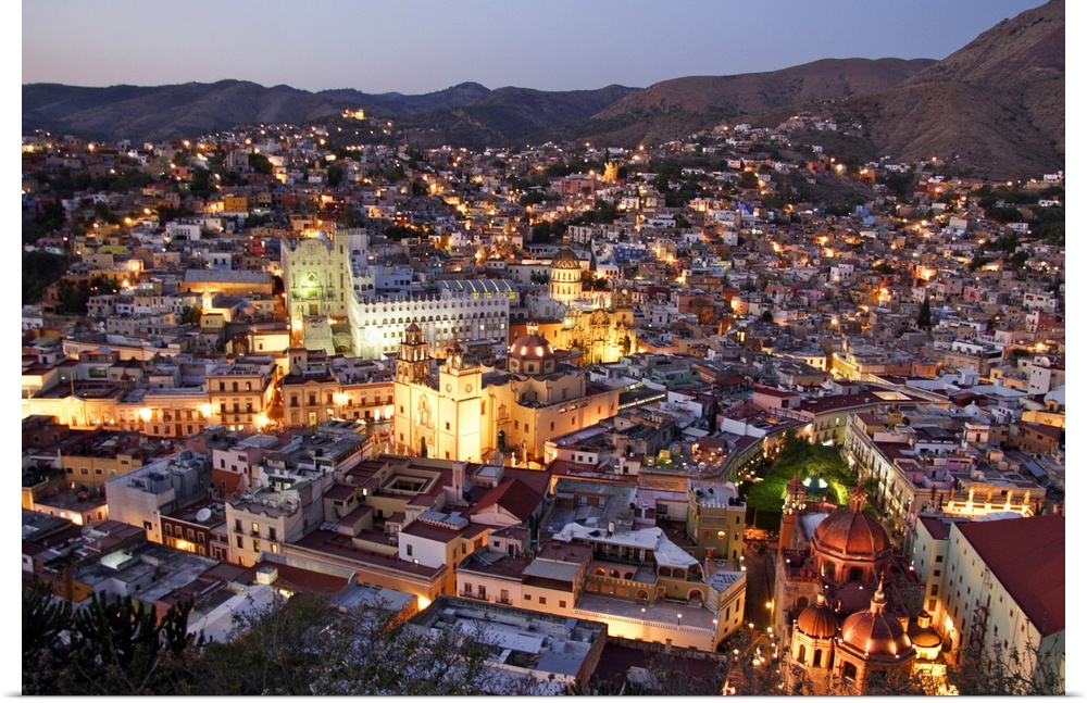Mexico, Guanajuato: center left University, center right the Cathedral, right the Zocalo, park and gazebo, in the city center